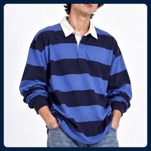 Vintage Box Office Rugby Shirt Men Large Blue Cotton Striped Long Sleeve Baggy